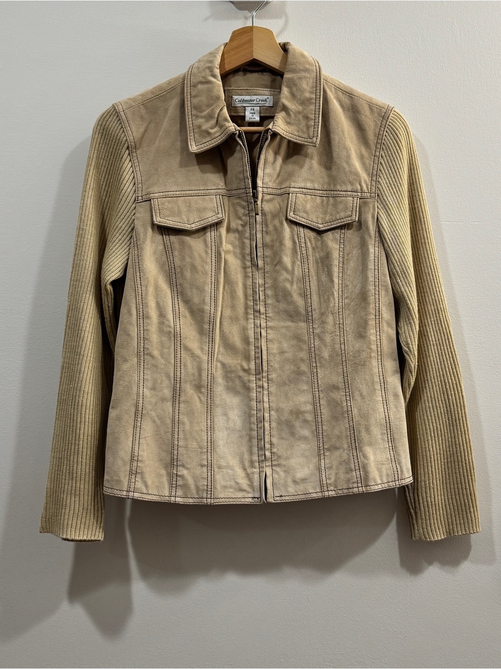 Coldwater Creek Suede Leather Jacket Sz P8 Tan Sweater Sleeve Zip Front